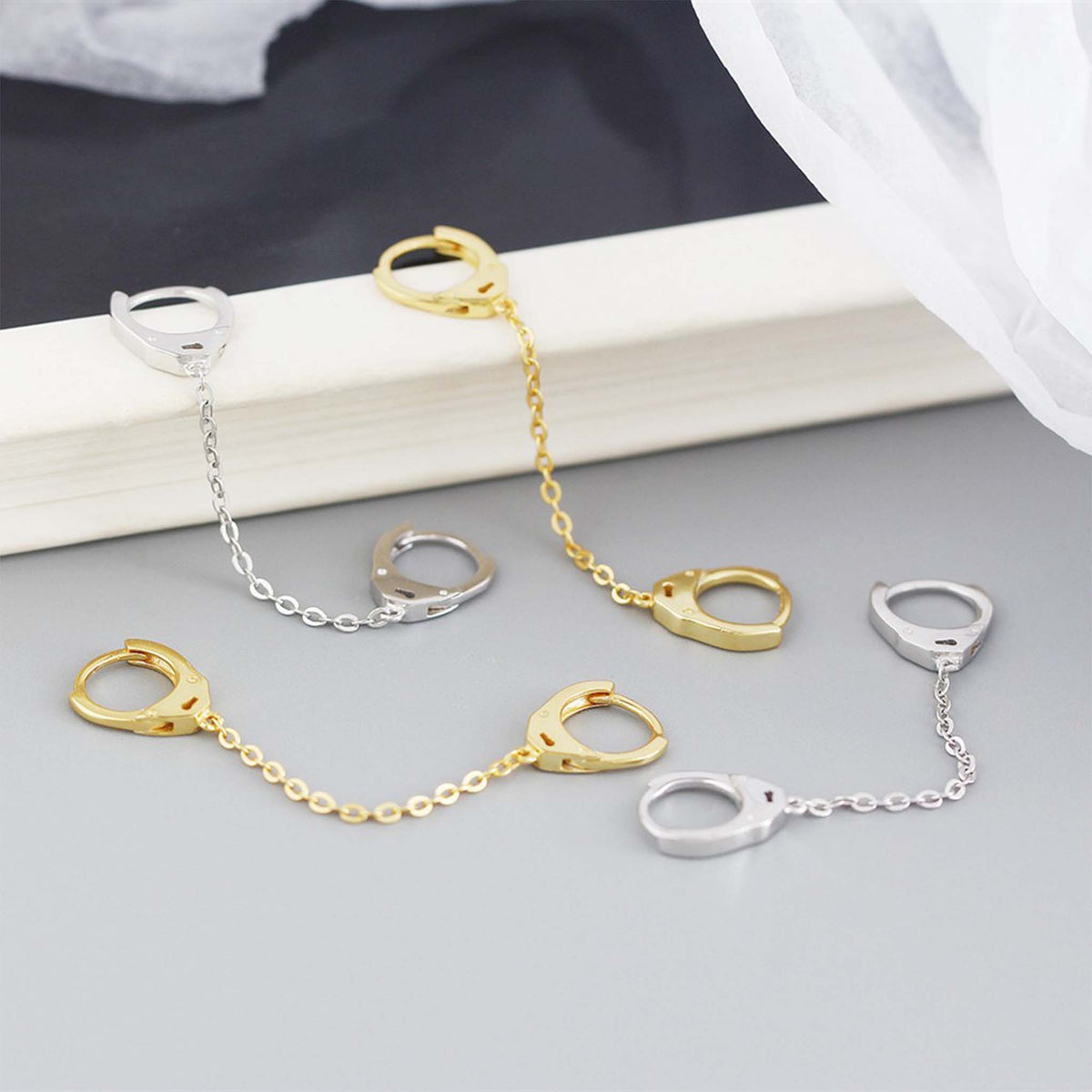 Handcuffs Earrings with a Linking Chain Gold Plated Sterling Silver