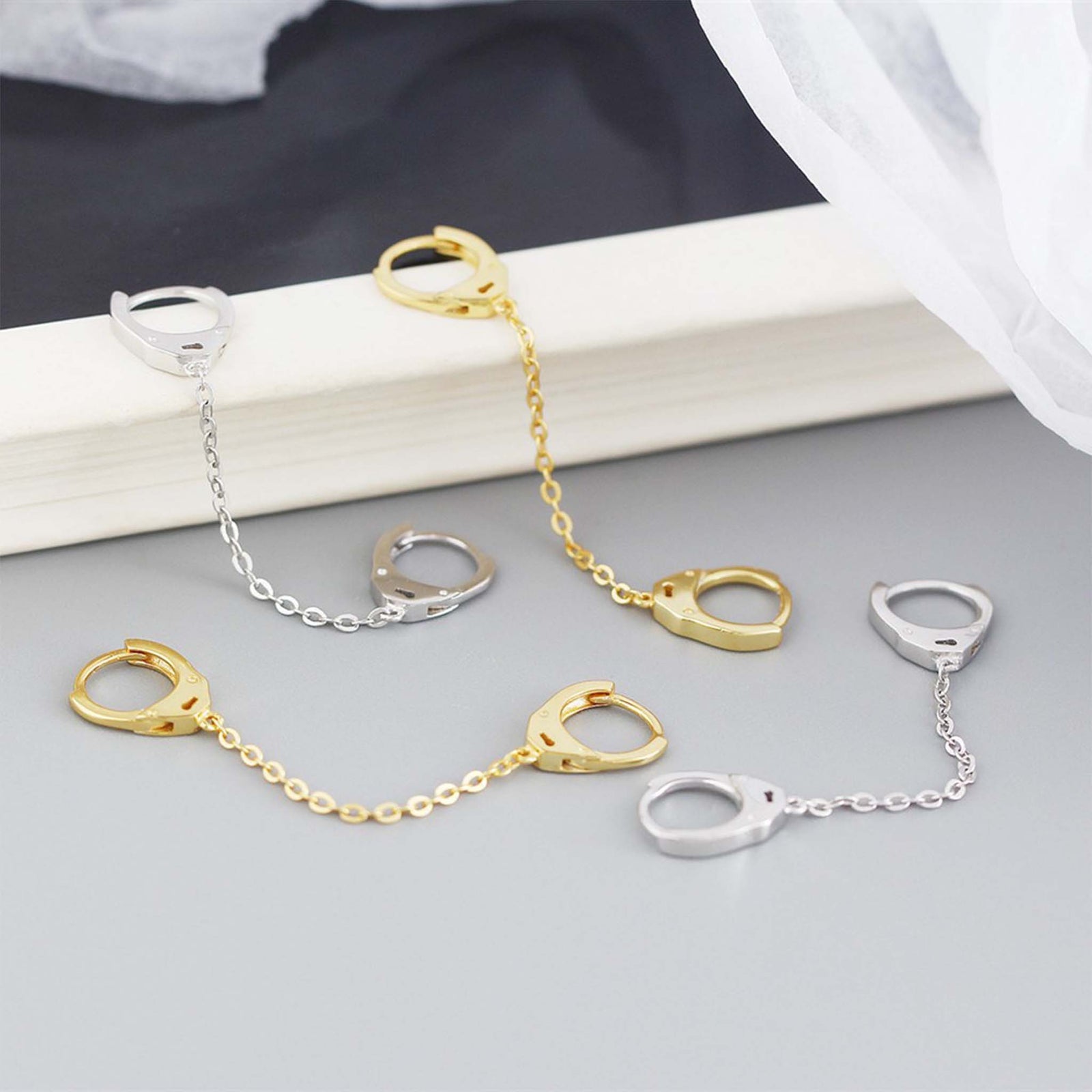 Handcuffs Earrings with a Linking Chain Gold Plated Sterling Silver