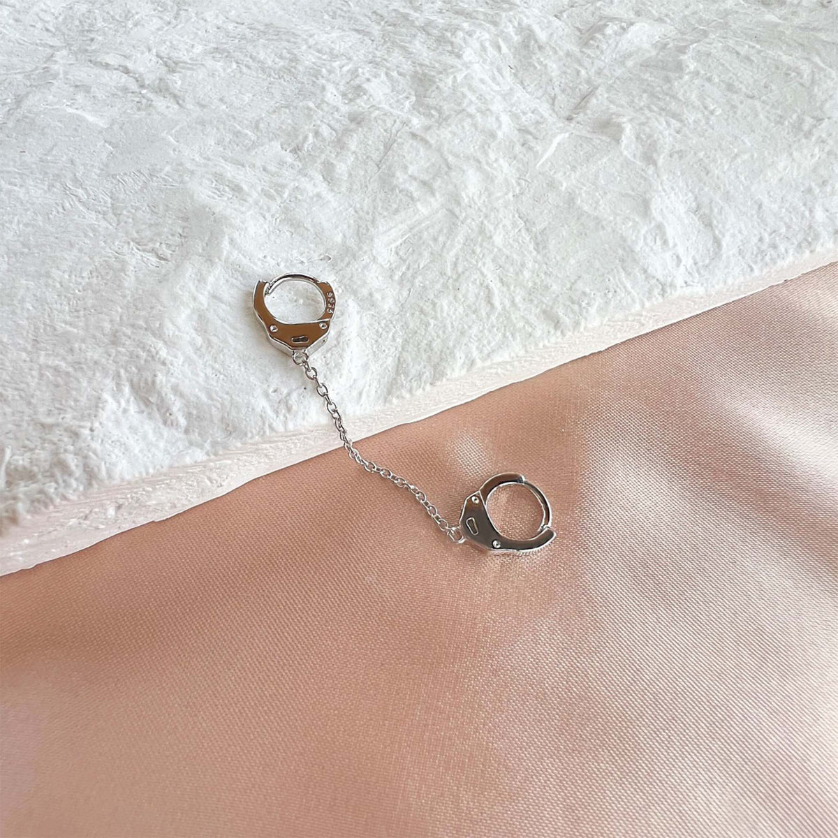 Handcuffs Earrings with a Linking Chain Rhodium Plated Sterling Silver