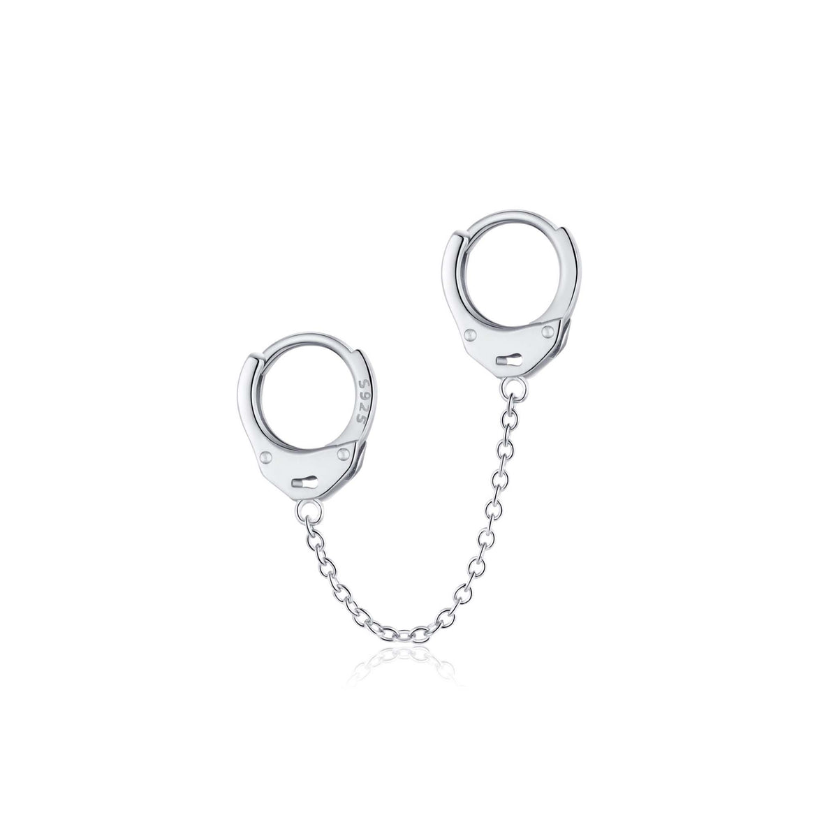 Handcuffs Earrings with a Linking Chain Rhodium Plated Sterling Silver