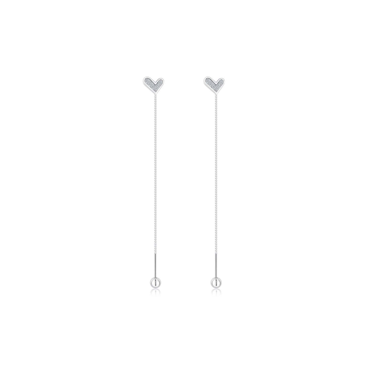 Heart Dainty Chain Earrings Rhodium Plated Sterling Silver