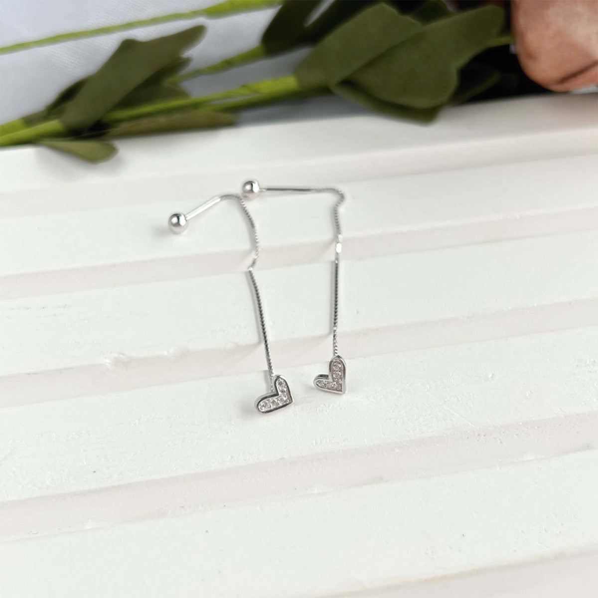 Heart Dainty Chain Earrings Rhodium Plated Sterling Silver