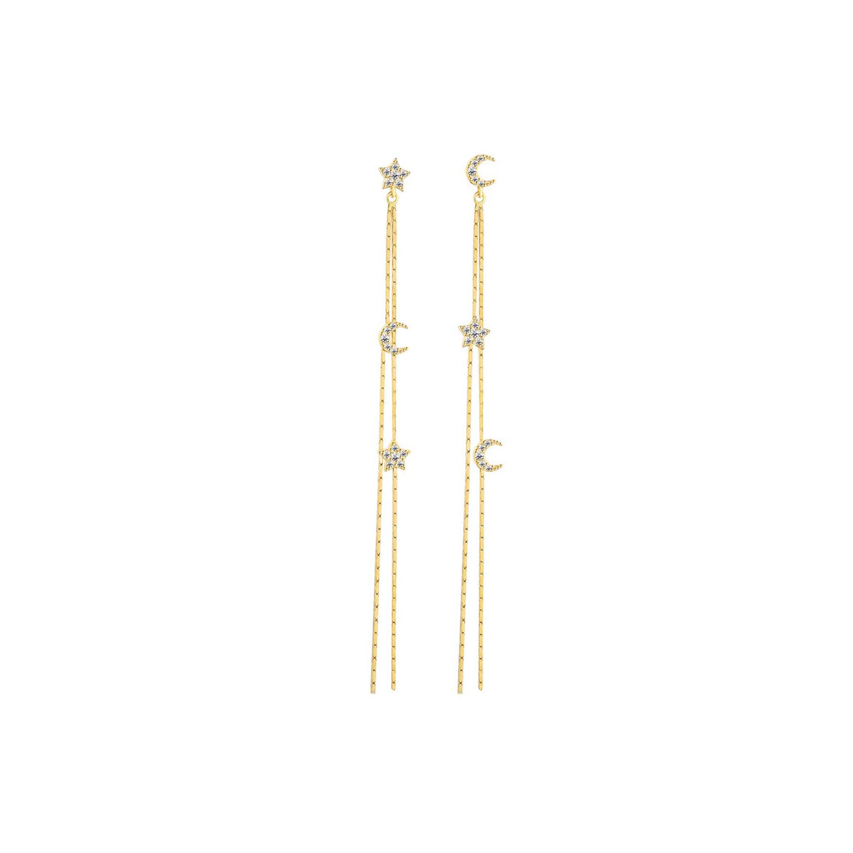 Moon and Star Chain Drop Earrings Gold Plated Sterling Silver