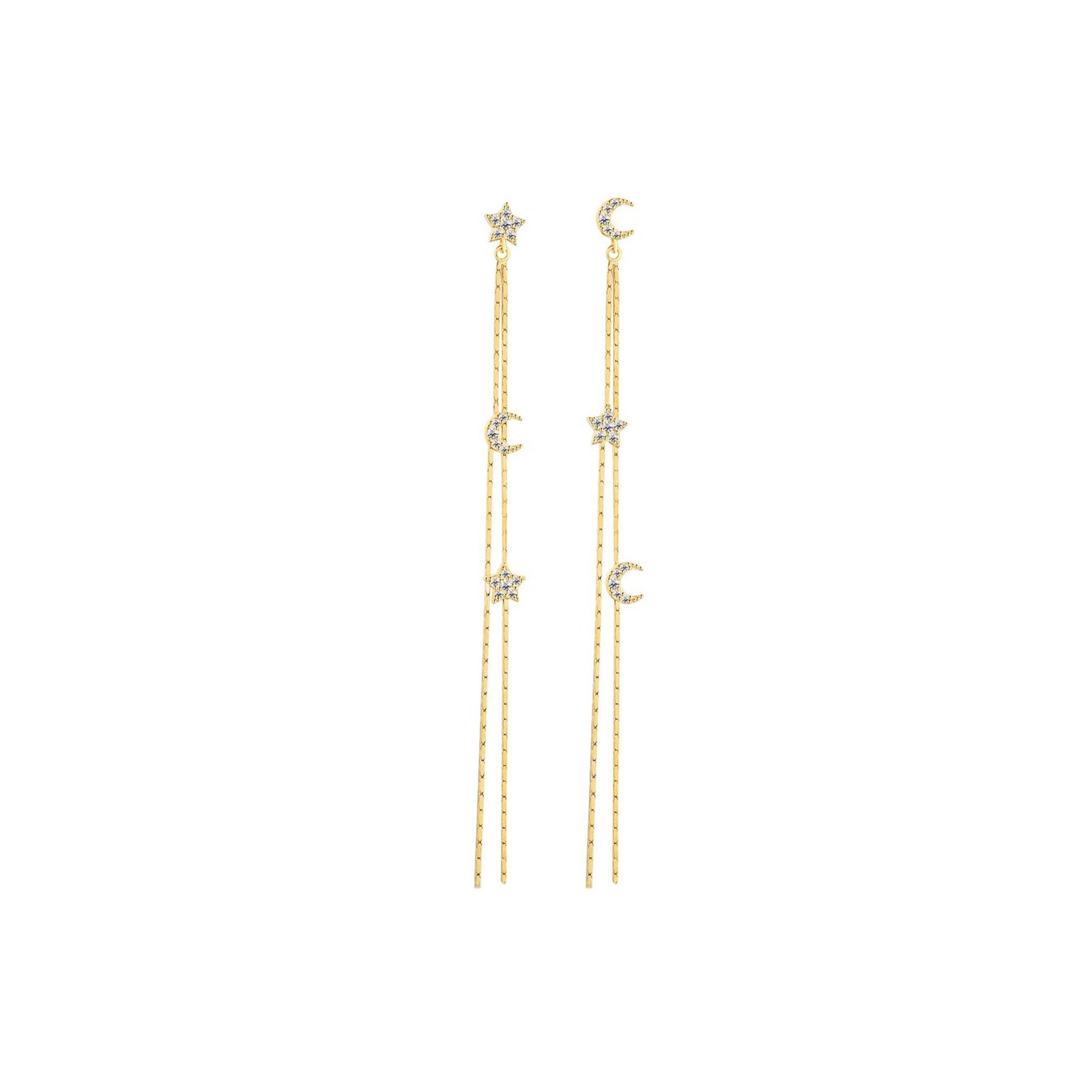 Moon and Star Chain Drop Earrings Gold Plated Sterling Silver