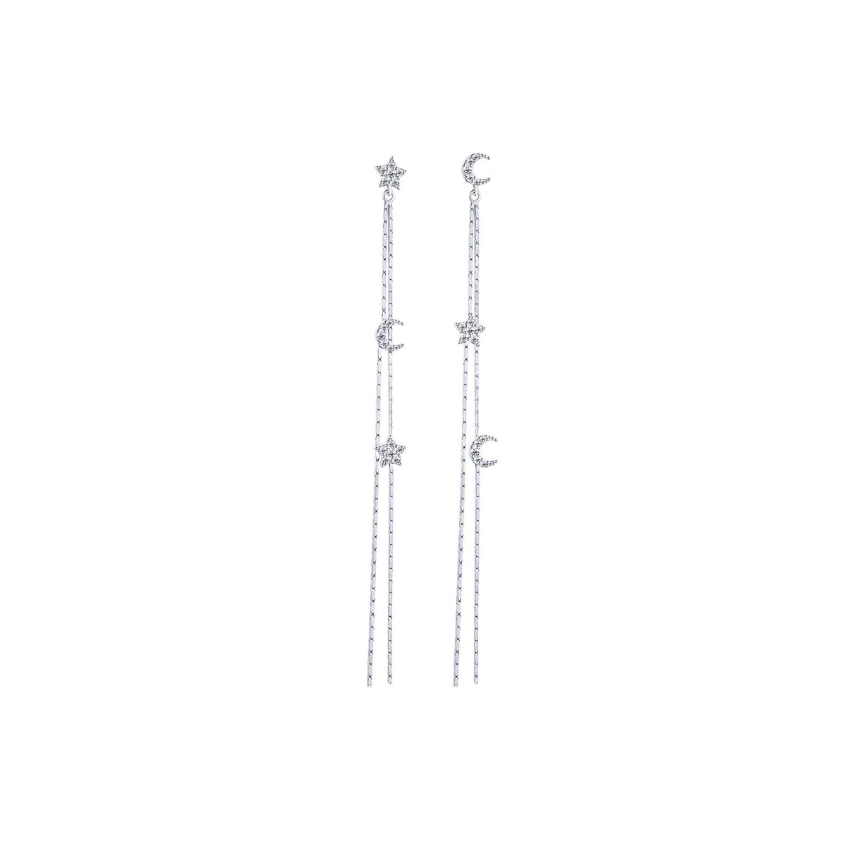 Moon and Star Chain Drop Earrings Rhodium Plated Sterling Silver