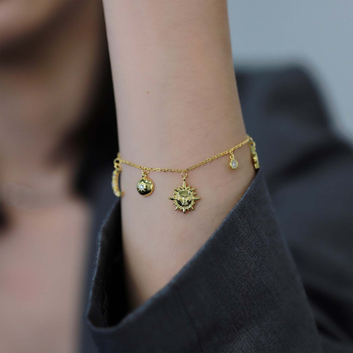 Sun, Moon and Stars Celestial Bracelet Gold Plated Sterling Silver
