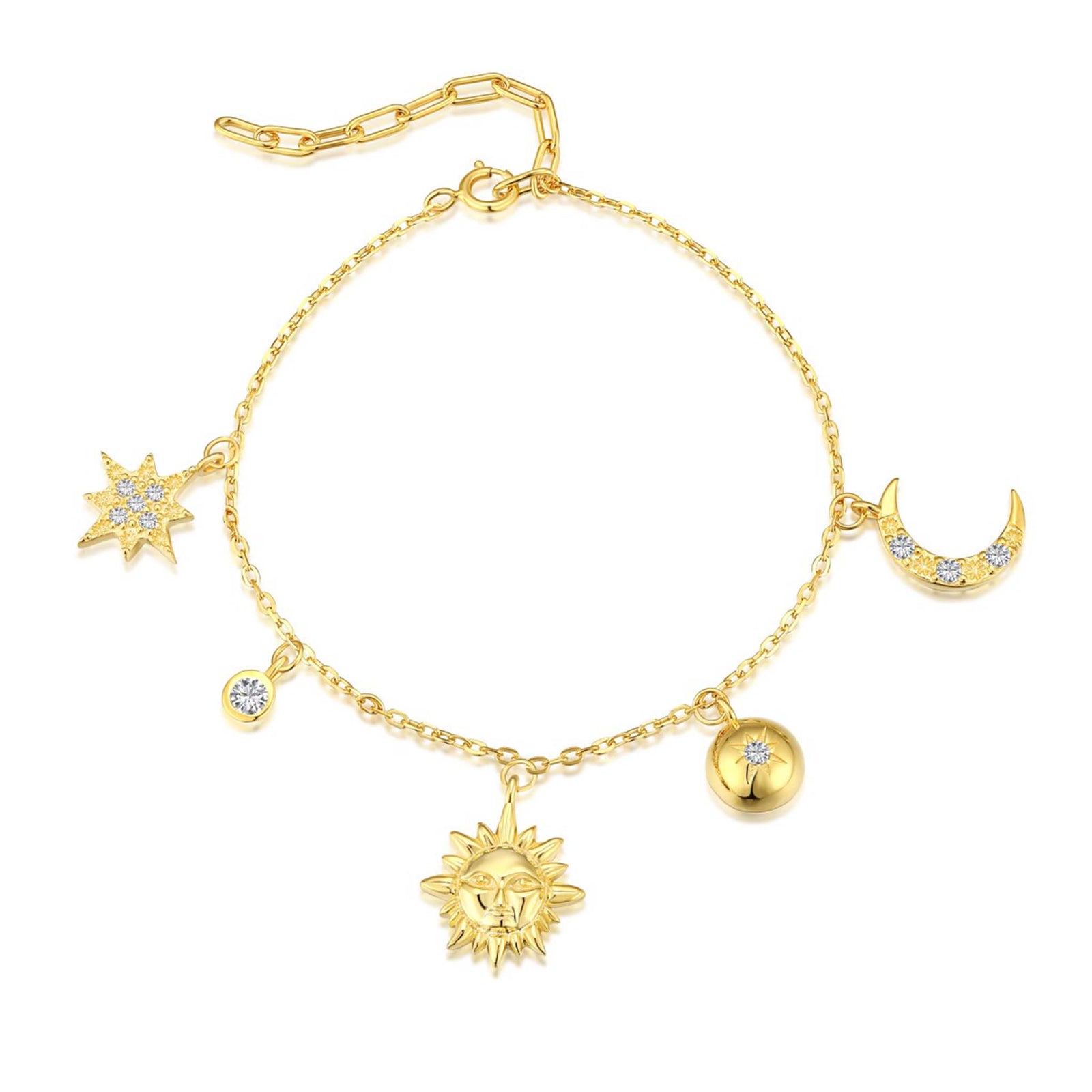 Sun, Moon and Stars Celestial Bracelet Gold Plated Sterling Silver
