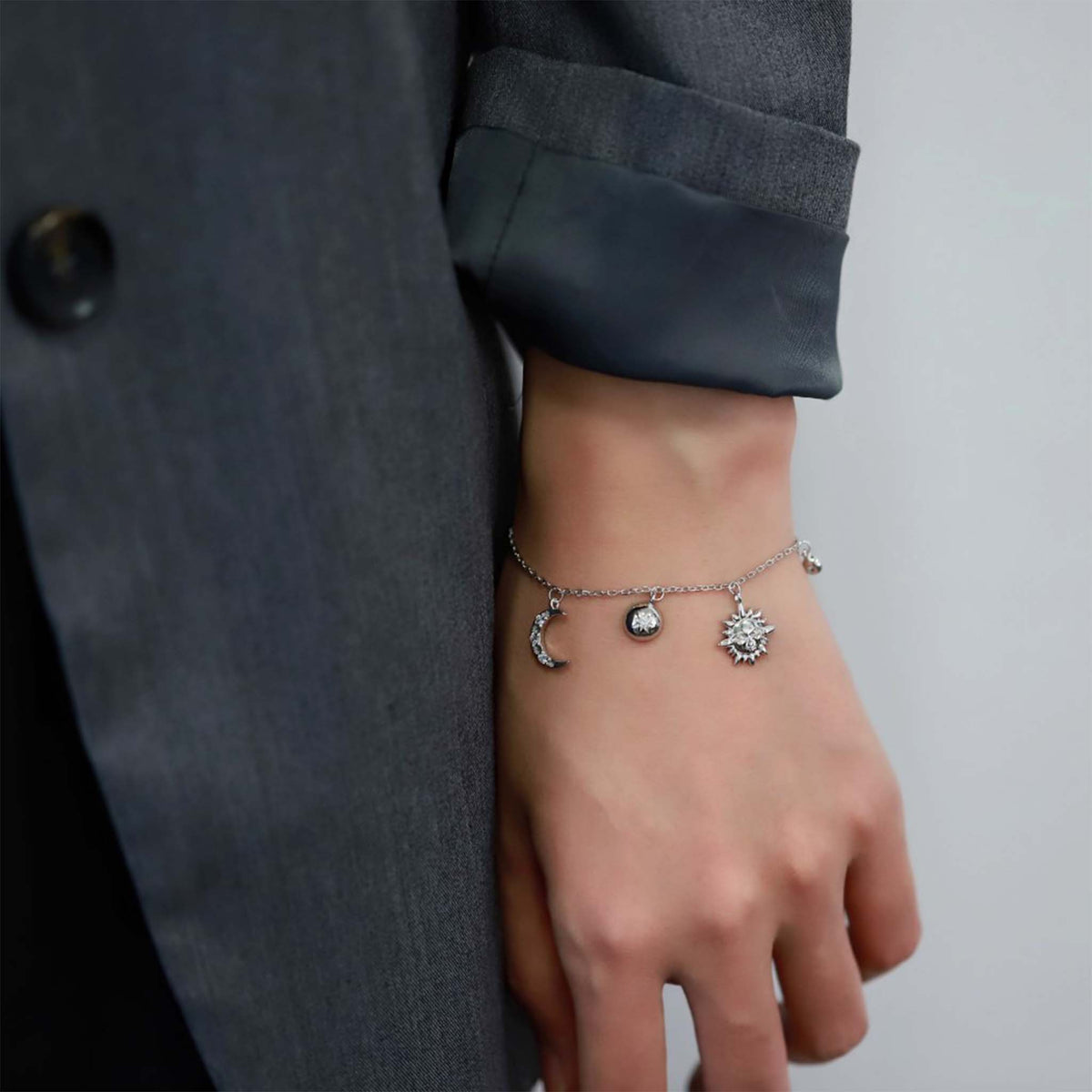 Sun, Moon and Stars Celestial Bracelet Rhodium Plated Sterling Silver