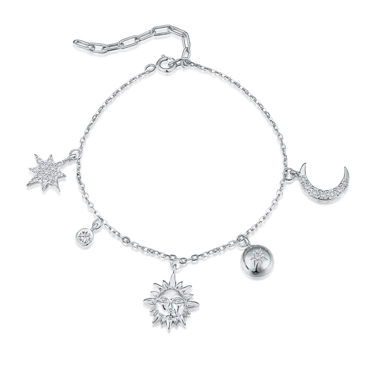 Sun, Moon and Stars Celestial Bracelet Rhodium Plated Sterling Silver