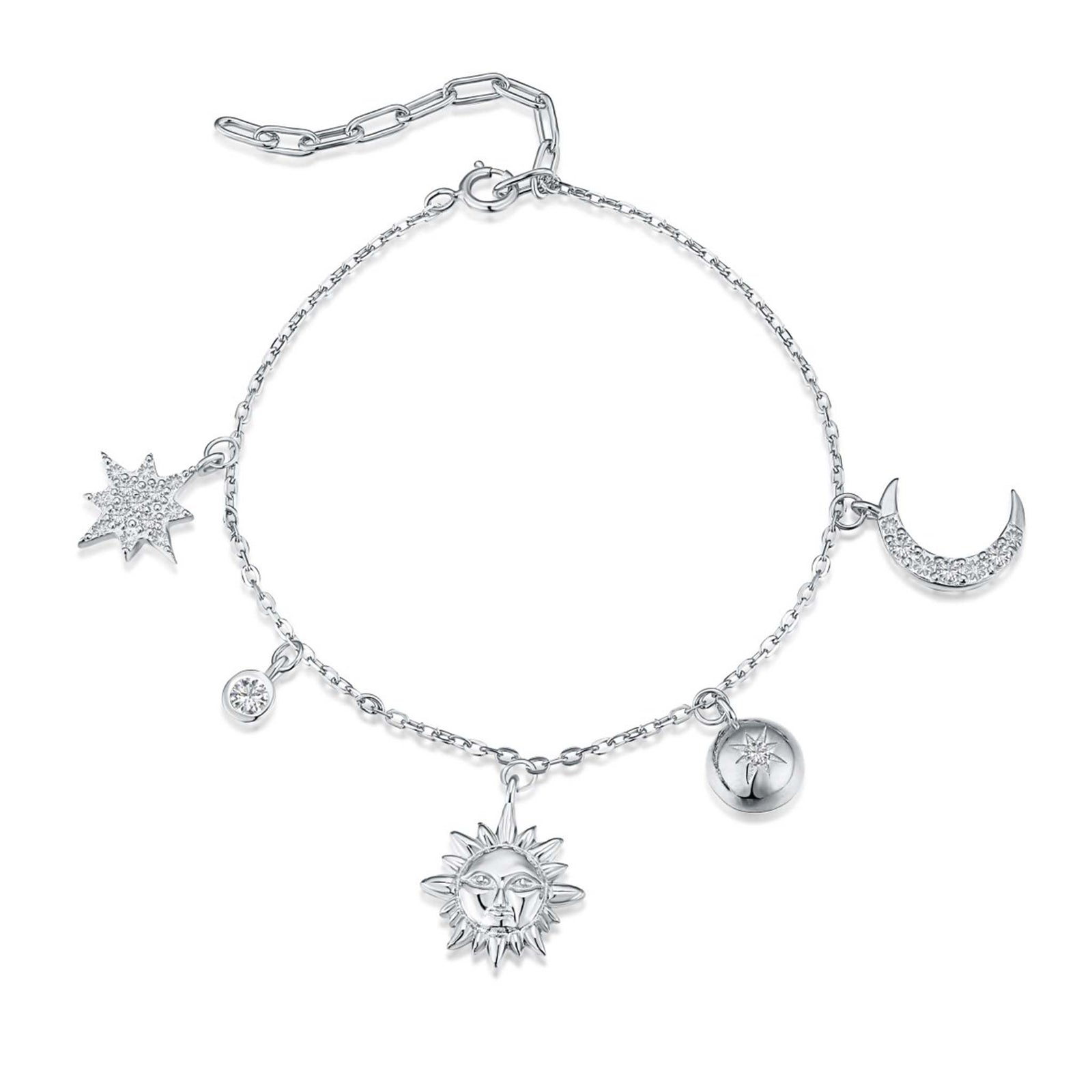Sun, Moon and Stars Celestial Bracelet Rhodium Plated Sterling Silver